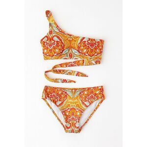 Shein Orange Printed One-Shoulder Bikini Set | Size S | High-Waisted Swimwear